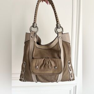 B. MAKOWSKY Two-Tone Earthy Tan and Cream Leather Slouch Tote Bag